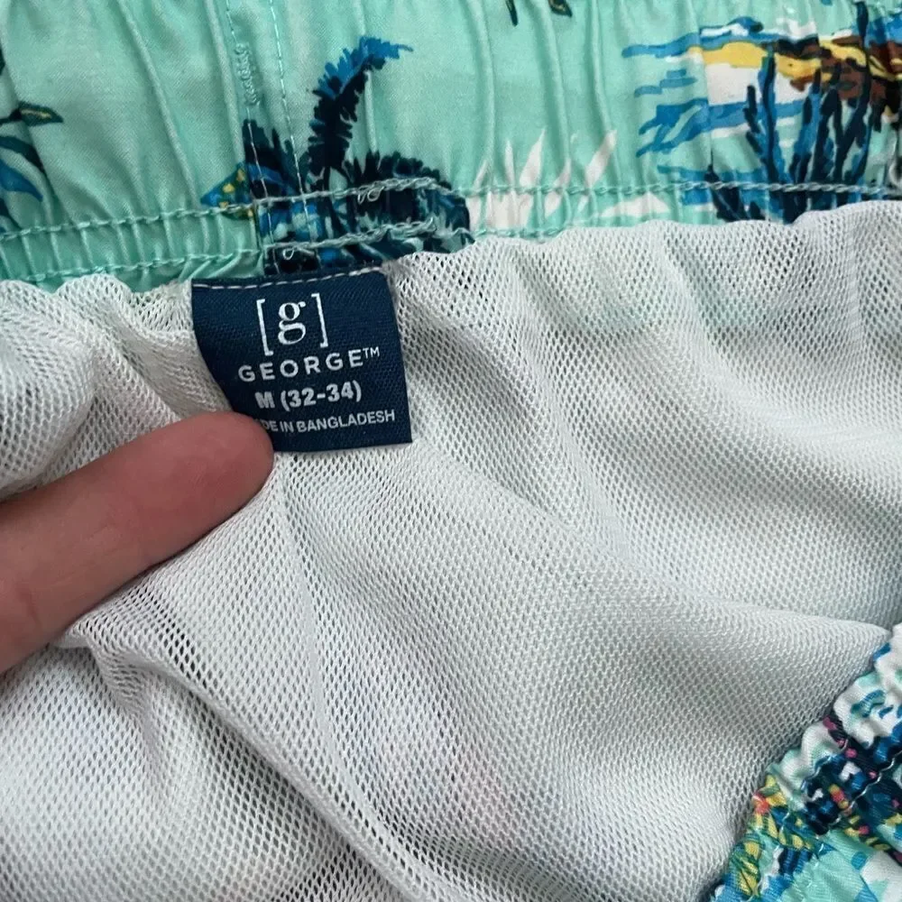 George Mens aqua Hawaiian floral swim trunks‎